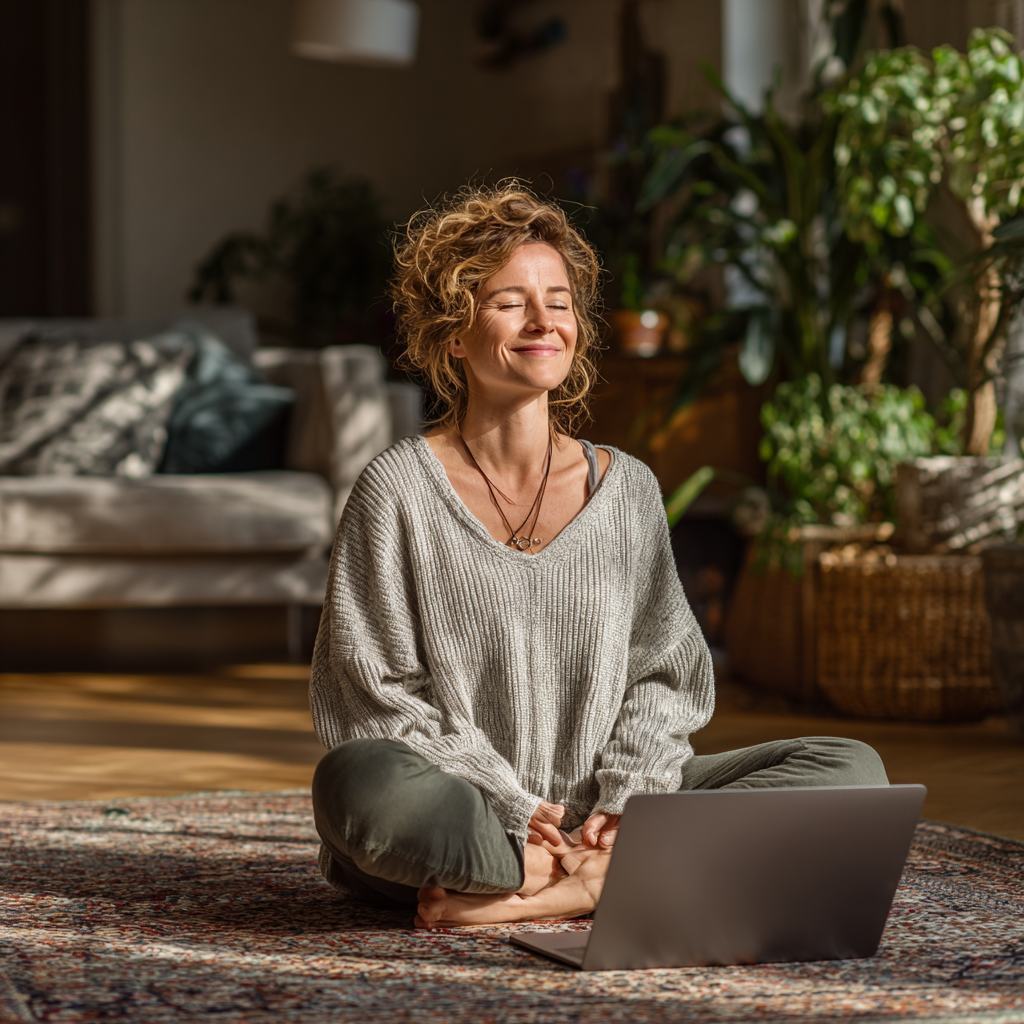 Cheerful woman in her mid-40s doing yoga at home with laptop showing online class, cozy living room with plants in background