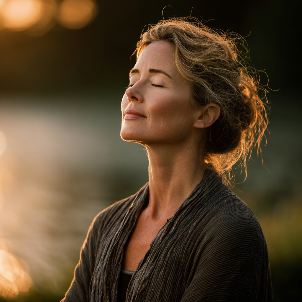 Peaceful woman in her late 40s practicing yoga meditation pose in serene natural environment with soft morning light